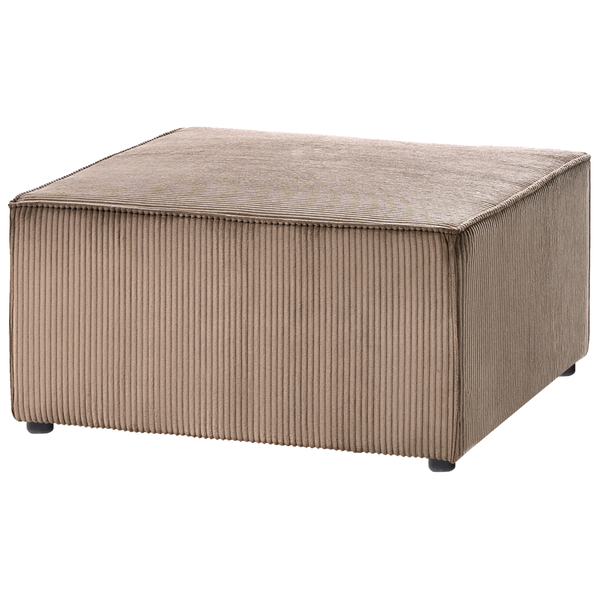 Rechteckiger Polsterhocker mit geripptem Cord-Bezug und kleinen schwarzen Füßen.