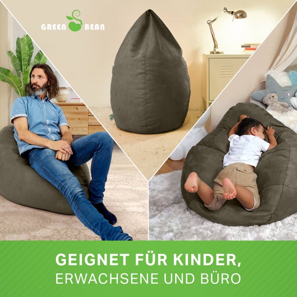Green Bean Sitzsack mit Rückenlehne 60x60x90cm - Indoor Sitzkissen 220L Füllung Kuschelig Waschbar - Bean Bag Bodenkissen Lounge Chair Sitzhocker - Khaki