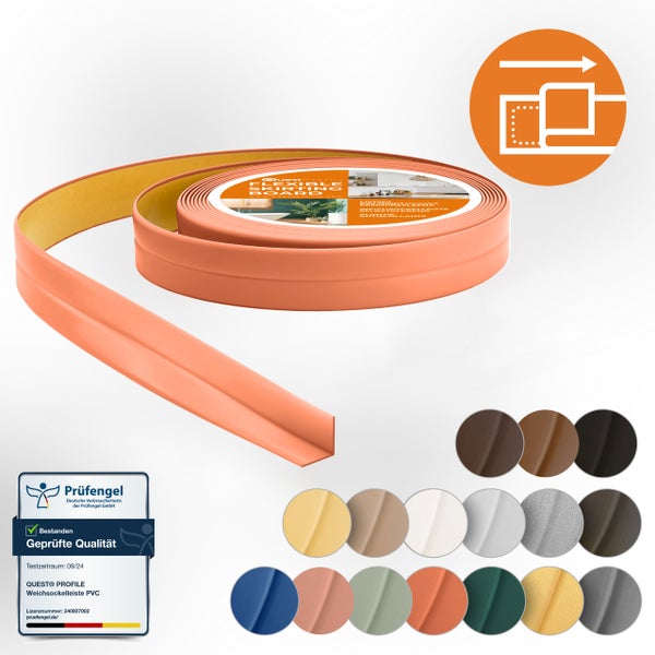 Flexible Weichsockelleiste aus PVC zum Selbstkleben als Rolle mit Prüfsiegel fuer geprüfte Qualität in verschiedenen Farben erhältlich