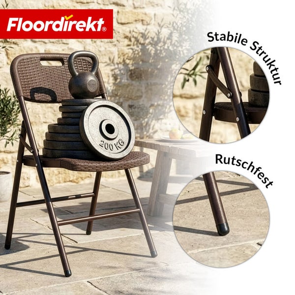 Geflochtener Klappstuhl mit stabiler Struktur und rutschfesten Füßen, belastet mit Gewichten und Kettlebell; Floor direkt Logo