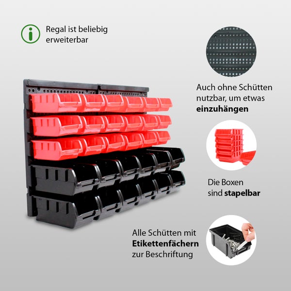 Wandregal mit stapelbaren Sichtlagerkästen inklusive Beschriftungsfeldern, beliebig erweiterbar und vielseitig einsetzbar.