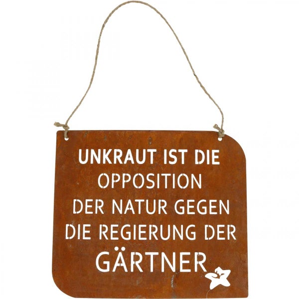 Dekoschild aus Metall mit der Aufschrift Unkraut ist die Opposition der Natur gegen die Regierung der Gärtner