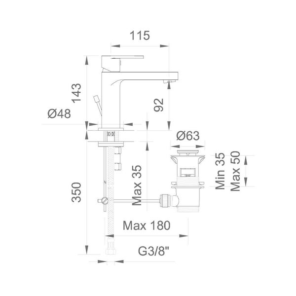 Technische Zeichnung eines Wasserhahns mit Maßangaben