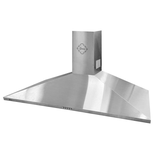 Gurari Wanddunstabzugshaube aus gebürstetem Edelstahl in Pyramidenform mit fünf Bedientasten und vertikalem Kamin.