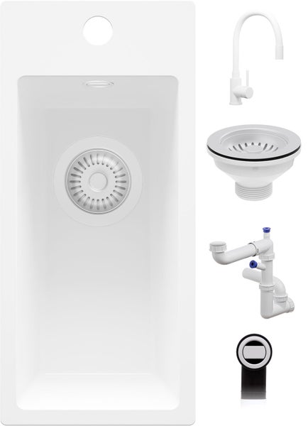 Einbauspüle-Set bestehend aus einer rechteckigen Küchenspüle, einer Küchenarmatur, einem Siphon, einem Siebkorbventil und einem Überlauf.