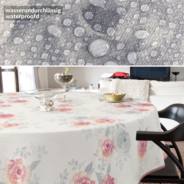 Wasserdichte Tischdecke mit Rosenmuster auf einem Esstisch