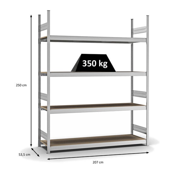 PROREGAL Weitspannregal Stecksystem T-Profil Grundregal HxBxT 250x200x50 cm 4 Ebenen Spanplatten Fachboden Fachlast 350 kg Verzinkt