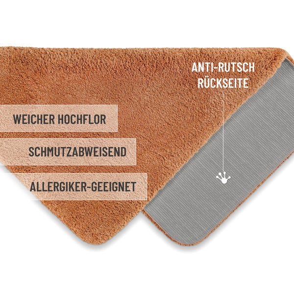Hochflor-Matte mit weicher Oberfläche, schmutzabweisend, für Allergiker geeignet und mit rutschhemmender Rückseite.