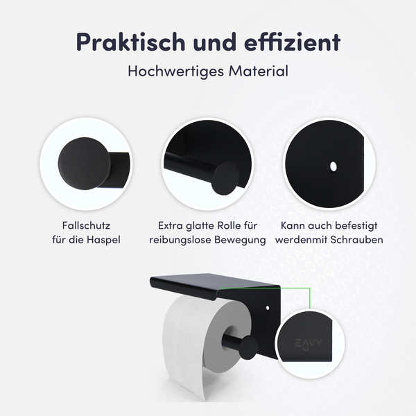 EAVY Toilettenpapierhalter mit Ablage Edelstahl Schwarz Selbstklebend oder Bohren