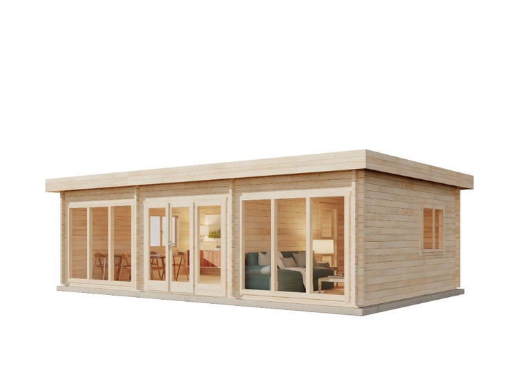 Modernes Gartenhaus aus Holz mit Flachdach, großen bodentiefen Glasfenstern und einer Glas-Doppeltür.