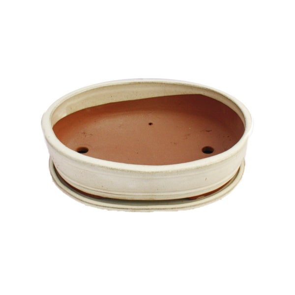 Bonsai-Schale mit Unterteller Gr. 5 - hellbeige - oval - Modell O7 - L 31cm - B 24cm - H 7,5 cm