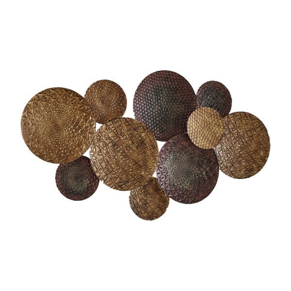 Wanddekoration aus Metall mit sich überlappenden Kreisen, verschiedene Oberflächenstrukturen, Bronze und Braun.