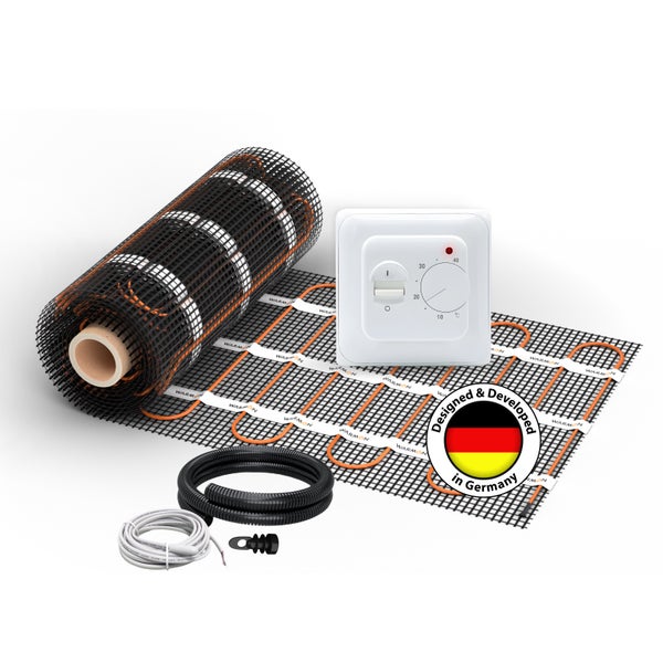 Fußbodenheizungsmatte mit Thermostat, Kabel und Zubehör