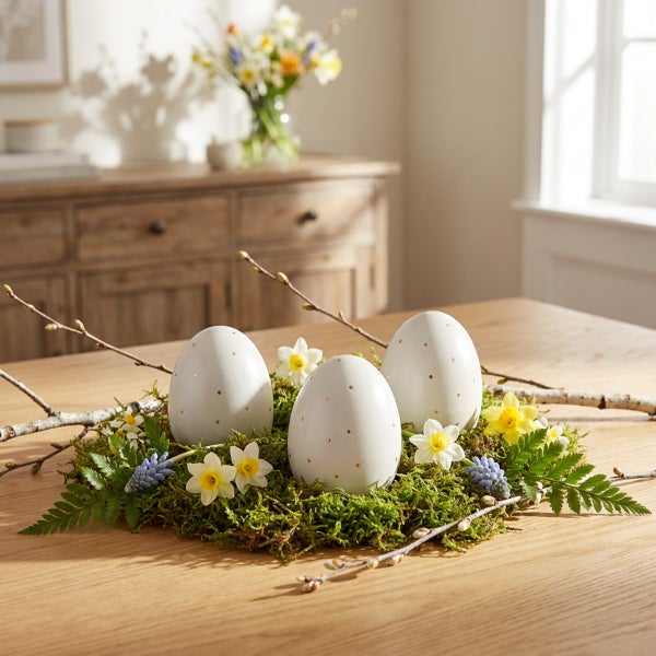 Osterdekoration mit drei gepunkteten Eiern in einem Nest aus Moos, Farn und Frühlingsblumen auf einem Holztisch.