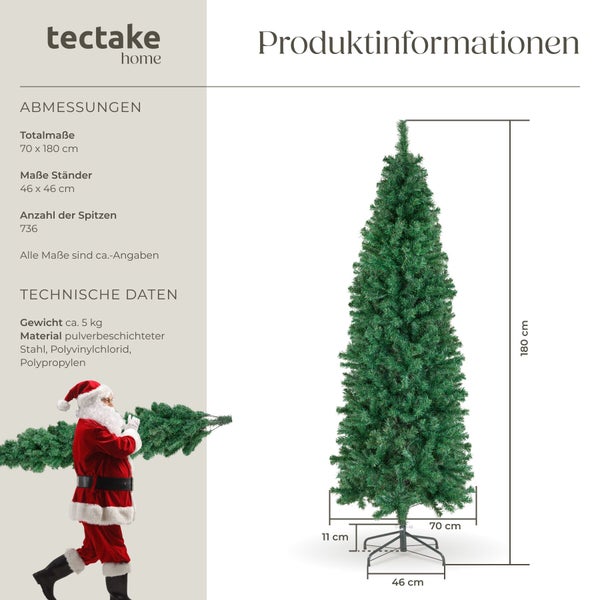 Tectake Home kunstlicher Weihnachtsbaum 180 Zentimeter mit Stander und Produktinformationen.