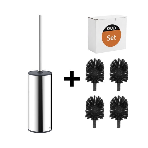 Keuco WC-Bürstengarnitur aus Edelstahl mit Halter, Bürstenstiel und Set mit vier Ersatzbürstenköpfen.