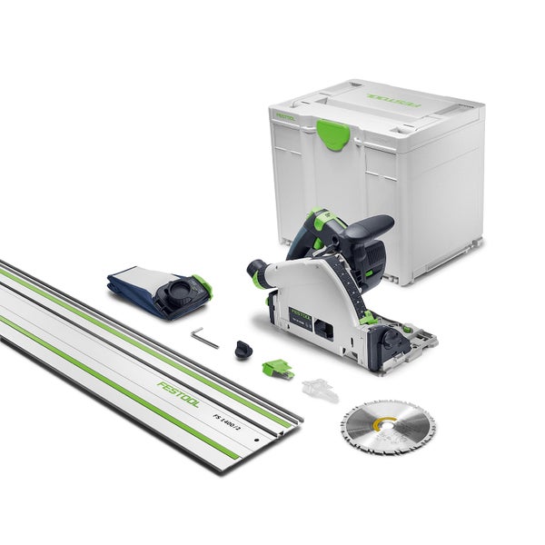 Festool Akku-Tauchsäge TSC 55 K mit Führungsschiene FS 1400/2, Sägeblatt, Staubbeutel und Systainer Werkzeugkoffer.