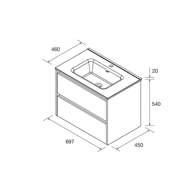 Technische Zeichnung Waschtischunterschrank mit Waschbecken, Maße Breite 697 Millimeter, Höhe 560 Millimeter, Tiefe 460 Millimeter.
