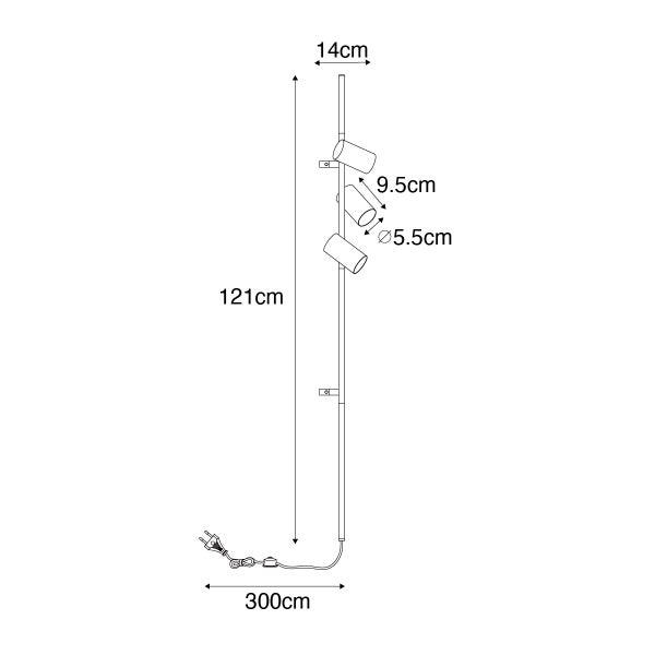 Technische Zeichnung einer Stehlampe mit drei Strahlern und Maßangaben