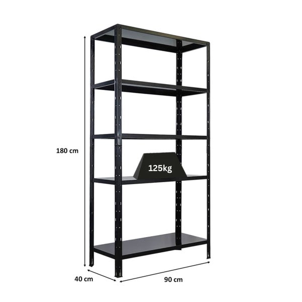 Metallregal mit fünf Böden und den Maßen 180 cm Höhe, 90 cm Breite und 40 cm Tiefe. Maximale Belastbarkeit 125 kg.