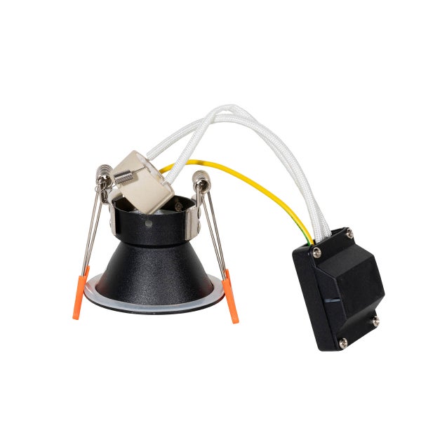 LED-Einbaustrahler mit schwarzem Gehäuse, Anschlussbox und Montagefedern für die Deckenmontage.