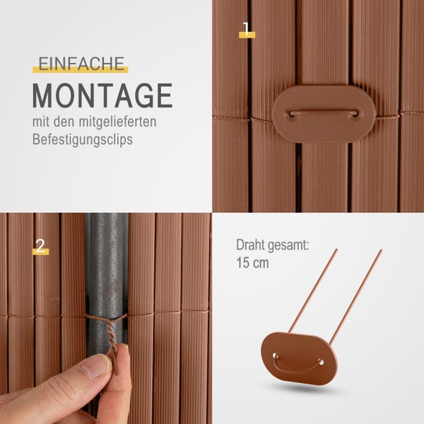 Grafik zur einfachen Montage einer Sichtschutzmatte in zwei Schritten unter Verwendung von Befestigungsclips und 15 Zentimeter langem Draht.