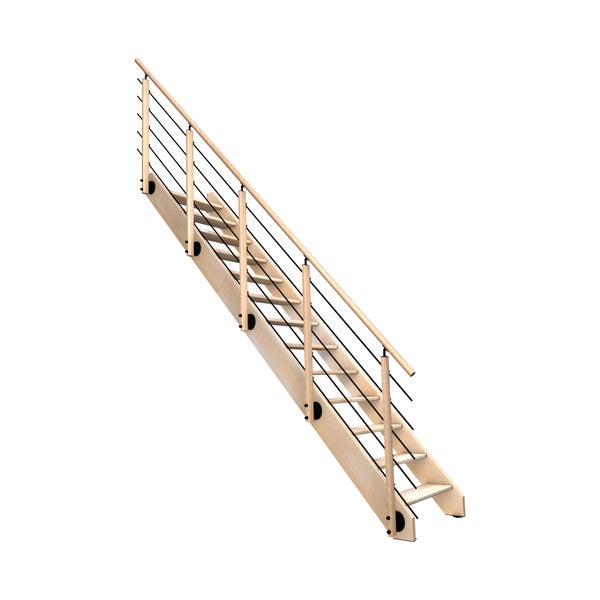 Holztreppe mit Geländer und schwarzen Stäben