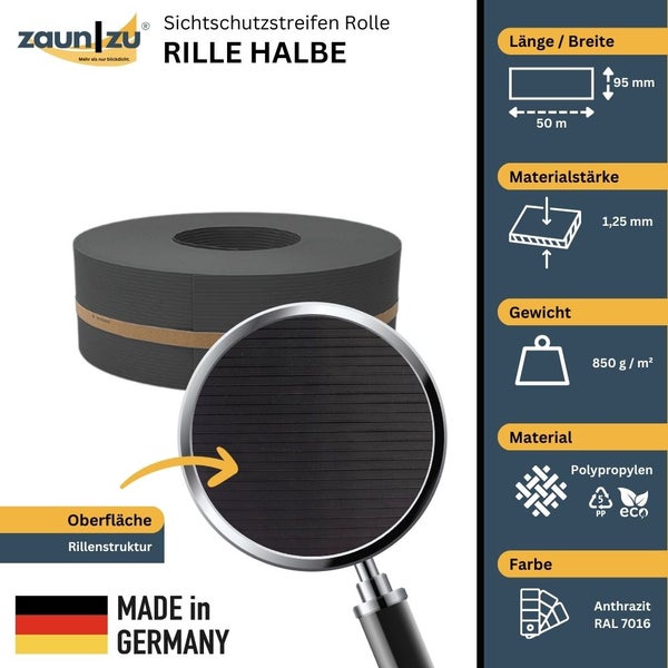 Zaun zu Sichtschutzstreifen Rolle Rille Halbe aus Polypropylen, Anthrazit, 50 Meter Rolle