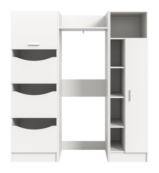 Wäscheschrank mit drei offenen Fächern, zwei Schranktüren und einer Nische in moderner Ausführung aus Holzwerkstoff.