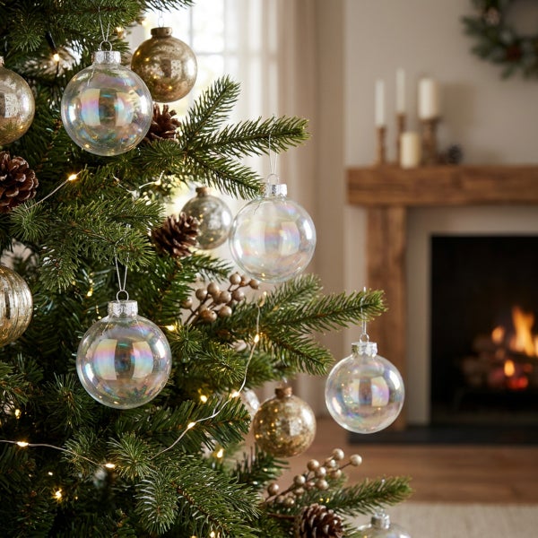 Weihnachtsbaum geschmückt mit transparenten irisierenden Glaskugeln sowie goldenen Kugeln und Tannenzapfen vor einem Kamin.
