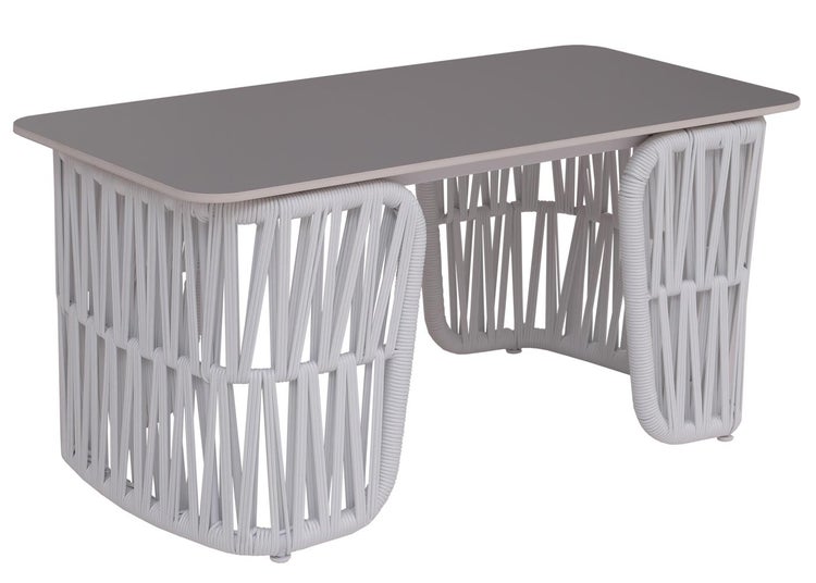 Lounge-Gartentisch mit grauer rechteckiger Tischplatte und weißem Seilgeflecht-Untergestell.
