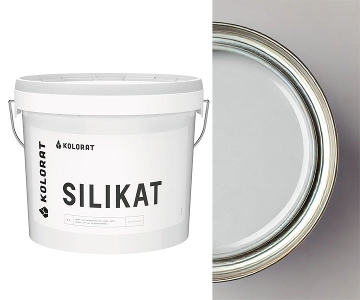 Fünf Liter Kolorat Silikat Wandfarbe und Deckenfarbe für den Innenbereich in einem Eimer.