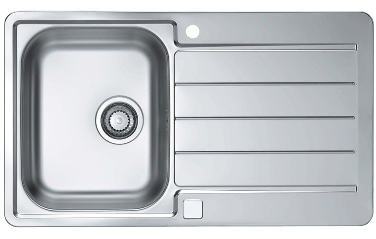 Einbauspüle aus Edelstahl mit einem Becken und einer Abtropffläche sowie einer Armaturenbohrung.
