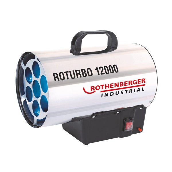Gasheizkanone Rothenberger Industrial Roturbo 12000 aus Edelstahl mit Tragegriff und Sockel.