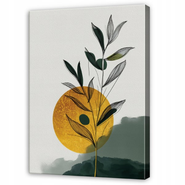 Wandbild auf Leinwand mit abstraktem Motiv eines Zweiges vor einem runden goldfarbenen Element und angedeuteter Landschaft