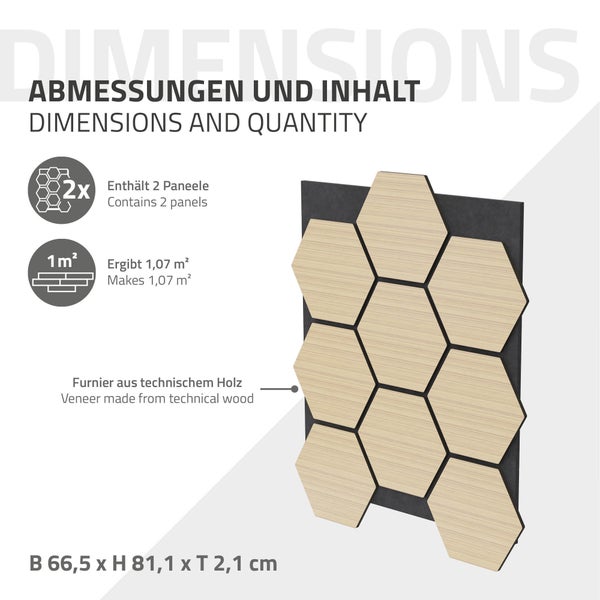 ML-Design 2er Set Akustikpaneele 66x81x2cm für 1m² – Eiche, MDF Akustikplatten in Hexagon-Holzoptik, Wandpaneele zur Schalldämmung, Wandverkleidung für Büro, Studio, Schallschutz & Akustikbehandlung