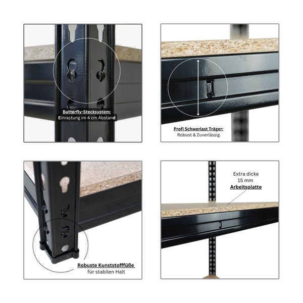 PROREGAL Profi Schwerlastregal Bison HxBxT 200 x 180 x 60 cm 4 Spanplatten-Ebenen 16mm Fachlast 600 kg Schwarz