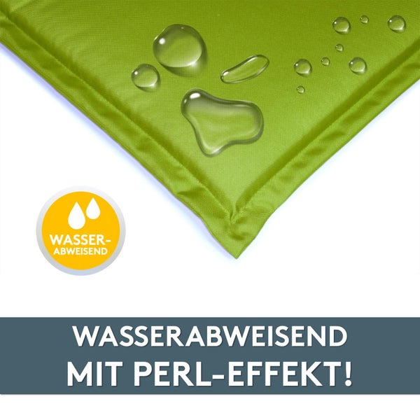 Wasserabweisender Stoff mit Abperleffekt durch Wassertropfen und Symbol für wasserabweisende Eigenschaften.