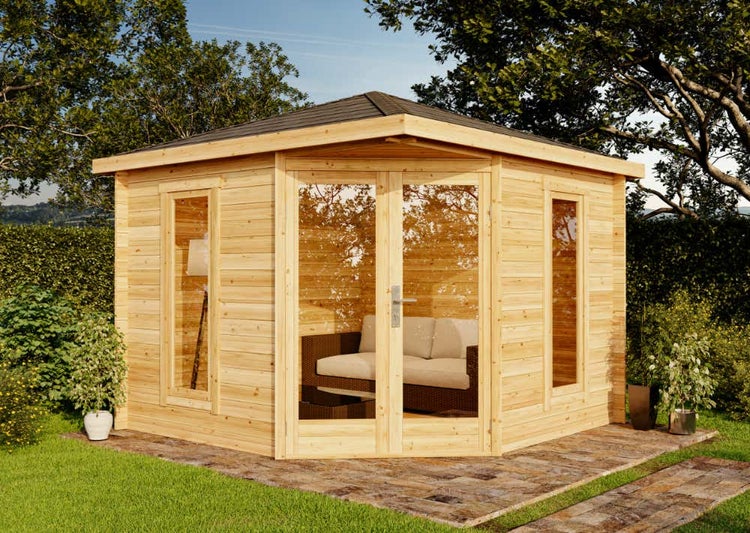 Alpholz 5-Eck Gartenhaus Liwa Compact Gartenhaus aus Holz in natur, Holzhaus mit 28 mm Wandstärke, Blockbohlenhaus mit Montagematerial imprägniert 3x3m