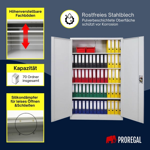 Metall-Aktenschrank mit höhenverstellbaren Böden, Silikondämpfern für leises Schließen und Platz für 70 Ordner aus rostfreiem Stahl. PROREGAL Logo.
