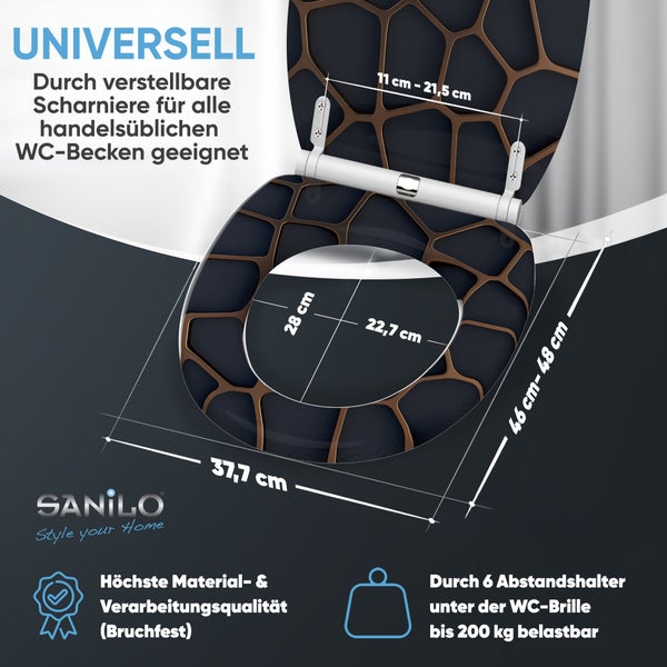 Sanilo Toilettensitz: Universell, Breite 37,7 Zentimeter, Länge 46 bis 48 Zentimeter. Bruchfest, bis 200 Kilogramm belastbar. Sanilo Logo.