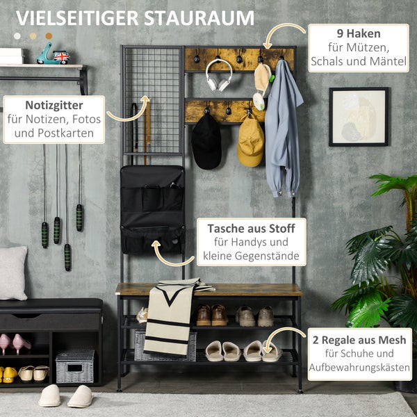 HOMCOM Garderobenständer mit Sitzbank, Kleiderständer mit Haken, Schuhregal, Garderobe mit Tragetasche, Jackenständer für Eingangsbereich, Flur, Stahl, Rustikal-Braun