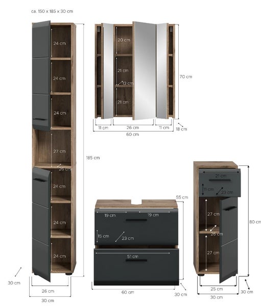 Badezimmer-Möbelset Eiche-Optik und Anthrazit mit Maßangaben für Hochschrank, Spiegelschrank, Waschbeckenunterschrank und Beistellschrank.