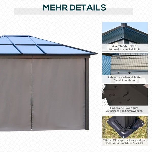 Outsunny Hardtop Gartenpavillon 3 x 3,6m, 4 x Doppel-Vorhänge, wetterfest, stabil, festes lichtdurchlässiges Dach, Dunkelgrau+Schwarz