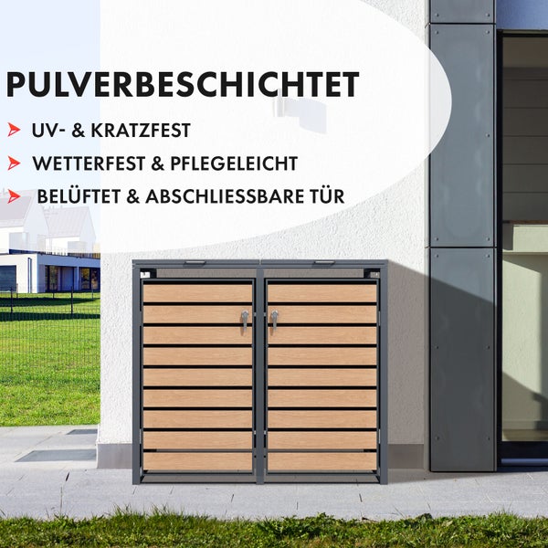 FLOORDIREKT Mülltonnenbox Johan Edelstahlrahmen und Holzdekor 132 x 80 x 116 cm - 2 Türen