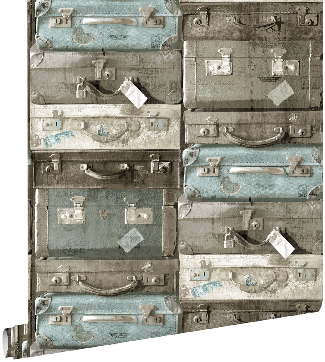 ESTAhome Tapete Vintage Koffer Meeresgrün und Braun - 53 cm x 10,05 m - 138214