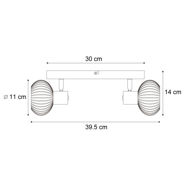 Technische Zeichnung einer Wandleuchte mit zwei Strahlern und Abmessungen
