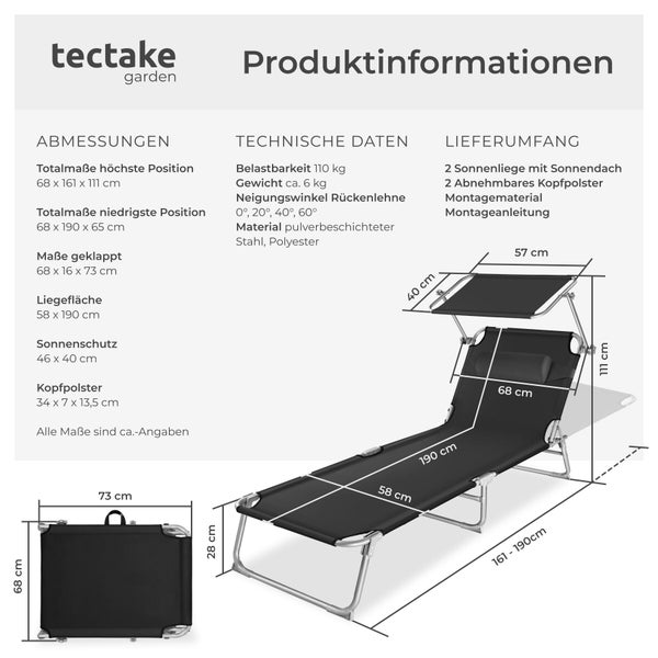 Infografik mit Produktinformationen zur tectake Garten-Sonnenliege mit Sonnendach, inklusive Abmessungen, technischen Daten und tectake Logo.