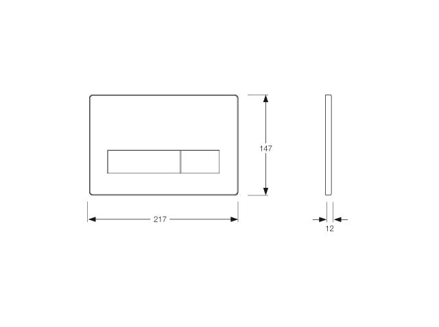 Maßzeichnung einer Toiletten-Betätigungsplatte mit einer Breite von 217 Millimeter, einer Höhe von 147 Millimeter und einer Tiefe von 12 Millimeter.