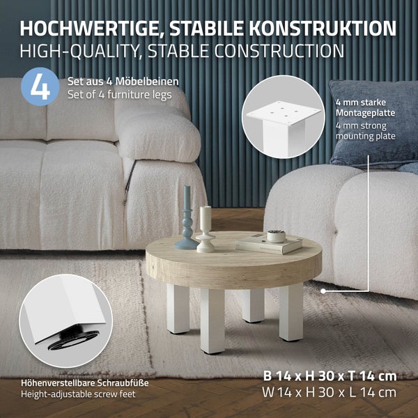 ML-Design 4er Set Tischbeine I-Design 30 cm, Weiß glänzend, aus pulverbeschichtetem Stahl, eckig, Profil 8x8 cm, Höhenverstellbare Möbelfüße 1-4 cm, Möbelbeine für Couchtische, Bänke, Sideboards